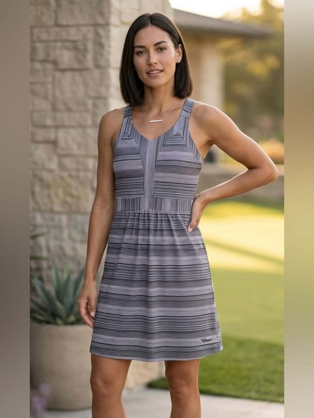 TEHAMA Gray Striped Empire Waist Athletic Golf Tennis Dress Womens Size Medium